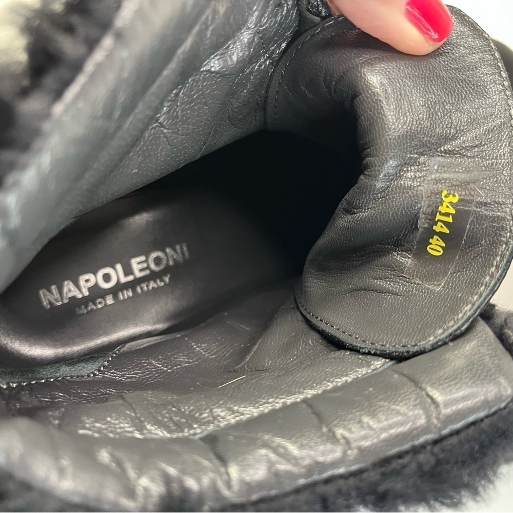 Napoleoni Italy Black Leather Ankle Boots Faux Fur Lugged Heeled 1.5" Women's 9 - Picture 4 of 8